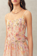 Lilac Handpainted Floral Smocked Belted Strap Dress in Silk Linen Organza