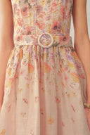 Lilac Handpainted Floral Smocked Belted Strap Dress in Silk Linen Organza