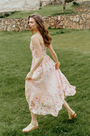 Lilac Handpainted Floral Smocked Belted Strap Dress in Silk Linen Organza