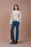 Lilia Hand Painted Iris and Lily Print Knit Sweater in Merino-Mohair Blend