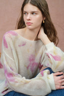Lilia Hand Painted Iris and Lily Print Knit Sweater in Merino-Mohair Blend