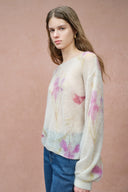 Lilia Hand Painted Iris and Lily Print Knit Sweater in Merino-Mohair Blend