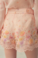 Lillian Handpainted Floral Embroidery Belted Shorts in Silk Linen Organza