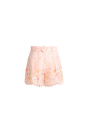 Lillian Handpainted Floral Embroidery Belted Shorts in Silk Linen Organza
