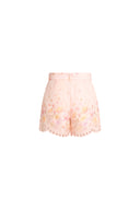 Lillian Handpainted Floral Embroidery Belted Shorts in Silk Linen Organza