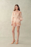 Lillian Handpainted Floral Embroidery Belted Shorts in Silk Linen Organza