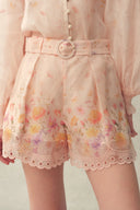 Lillian Handpainted Floral Embroidery Belted Shorts in Silk Linen Organza