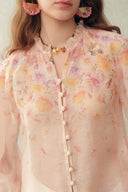 Lillian Handpainted Floral Embroidery Sheer Ombré Print Blouse in Silk Linen Organza