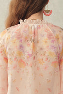 Lillian Handpainted Floral Embroidery Sheer Ombré Print Blouse in Silk Linen Organza