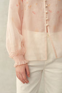 Lillian Handpainted Floral Embroidery Sheer Ombré Print Blouse in Silk Linen Organza