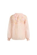 Lillian Handpainted Floral Embroidery Sheer Ombré Print Blouse in Silk Linen Organza