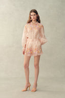 Lillian Handpainted Floral Embroidery Sheer Ombré Print Blouse in Silk Linen Organza