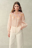 Lillian Handpainted Floral Embroidery Sheer Ombré Print Blouse in Silk Linen Organza