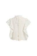 Lilou French Cutwork Embroidery Ruffle-Sleeve Top in Cotton & Linen