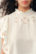 Lilou French Cutwork Embroidery Ruffle-Sleeve Top in Cotton & Linen