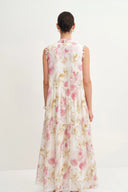 Lina Scarf Neck Flora Printed Dress in Silk-Linen Blend