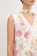 Lina Scarf Neck Flora Printed Dress in Silk-Linen Blend