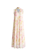 Lina Scarf Neck Flora Printed Dress in Silk-Linen Blend