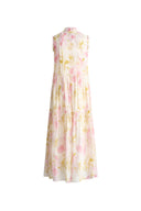 Lina Scarf Neck Flora Printed Dress in Silk-Linen Blend