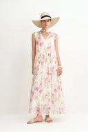 Lina Scarf Neck Flora Printed Dress in Silk-Linen Blend