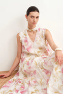 Lina Scarf Neck Flora Printed Dress in Silk-Linen Blend