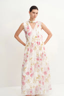 Lina Scarf Neck Flora Printed Dress in Silk-Linen Blend
