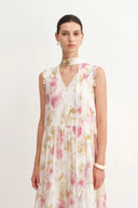 Lina Scarf Neck Flora Printed Dress in Silk-Linen Blend