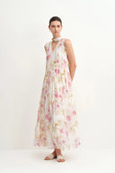 Lina Scarf Neck Flora Printed Dress in Silk-Linen Blend