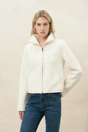 Linnea Faux Leather-Panel Cropped Coat with Ribbed Collar