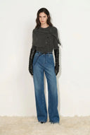 Liora Vertical Striped Straight Leg Jeans in Herringbone Denim