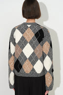 Marta Hand Embroidery Contrast Argyle Cardigan in Wool Blend