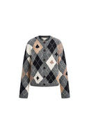 Marta Hand Embroidery Contrast Argyle Cardigan in Wool Blend