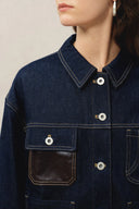 Maya Leren patchwork jas in raw tencel denim