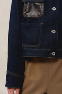 Maya Leren patchwork jas in raw tencel denim