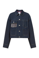 Maya Leren patchwork jas in raw tencel denim