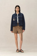 Maya Leren patchwork jas in raw tencel denim