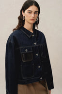 Maya Leren patchwork jas in raw tencel denim