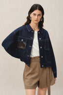 Maya Leather Patchwork Jacket in Raw Tencel Denim