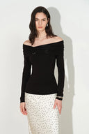 Mia Metallic Button Off Shoulder Knit Top in Stretch Knit