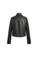 Back view of a black vegan leather womens biker jacket with fitted silhouette, stand collar and Western yoke seams