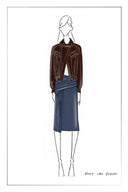 Fitted brown vegan leather biker jacket with asymmetrical zip and blue pleated midi skirt illustration