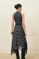 Mona Plaid Asymmetric Fringed Belted Dress in Flannel