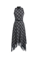 Mona Plaid Asymmetric Fringed Belted Dress in Flannel