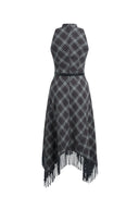Mona Plaid Asymmetric Fringed Belted Dress in Flannel
