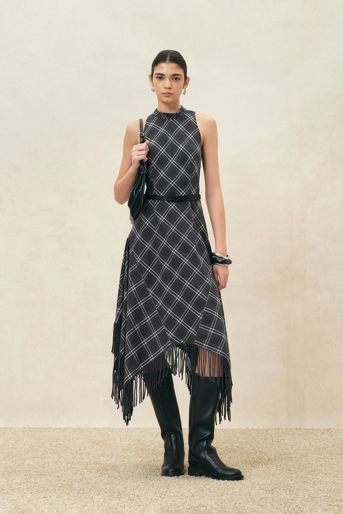 Mona Plaid Asymmetric Fringed Belted Dress in Flannel –