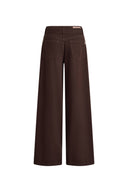 Brown cotton denim wide leg women's jeans with a belted waist and shield shaped patch pockets