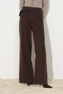 Cocoa brown wide leg women's jeans with a self fabric belt and shield shaped patch pockets