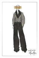 Fashion illustration of cocoa brown wide leg jeans with a self fabric belt and shield shaped patch pockets