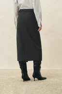 Muriel Tulip Silhouette Belted Slit Midi Skirt in 100% Wool