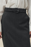 Muriel Tulip Silhouette Belted Slit Midi Skirt in 100% Wool